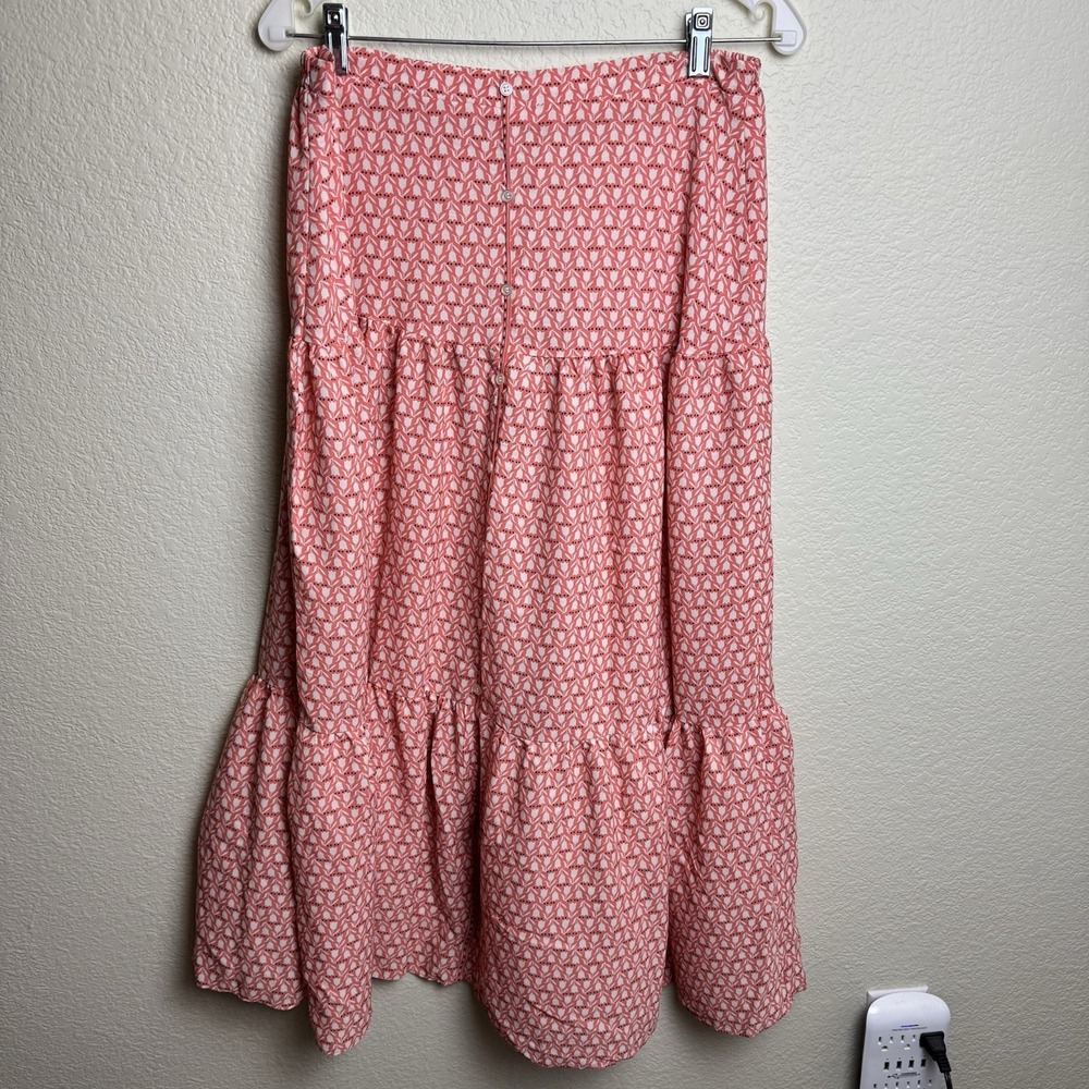 Max Studio Coral Pink Tulip Dotted Floral Tiered Button Front Midi Skirt L NWT